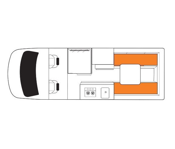Floor plan of a campervan showing front seats, a kitchenette, and a rear dining area with orange bench seats.