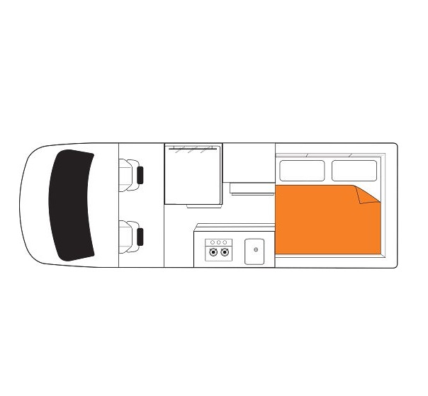 Top-down layout diagram of a campervan showing cabin seats, a kitchen, a bathroom, and a rear double bed.