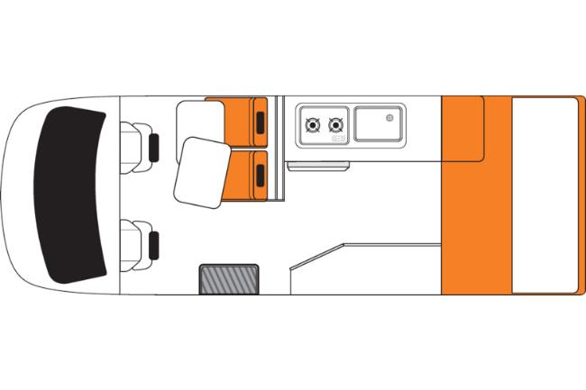 Top-down floor plan of a campervan layout featuring front swivel seats, dining table, kitchen, and rear bed.