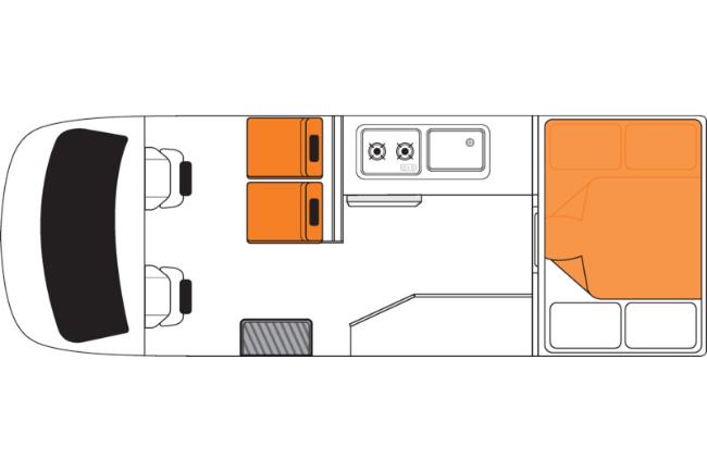 Campervan floor plan showing front seats, double passenger seats, kitchen with sink and stove, and a rear double bed.