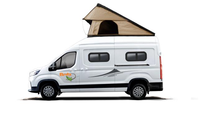 Profile of a white Britz campervan featuring a raised tan rooftop tent against a white background.
