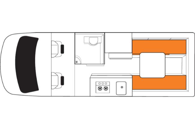 Campervan floor plan showing front cabin seats, central kitchen and bathroom, and a rear lounge with orange benches.