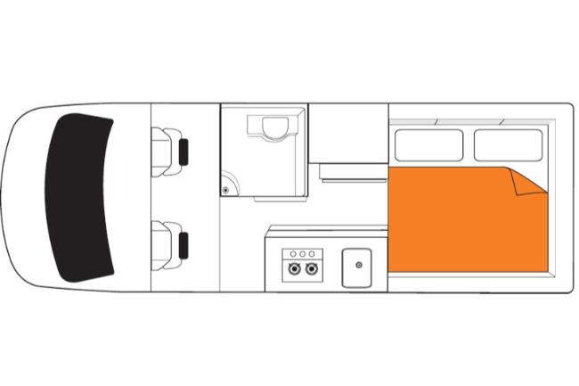 Campervan floor plan showing cabin seats, bathroom, kitchen counter, and rear double bed with orange bedding.