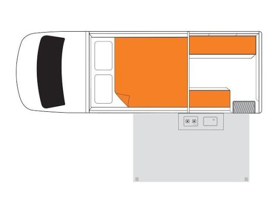 Campervan floor plan showing a double bed, rear bench seats, and a slide-out external kitchen unit.