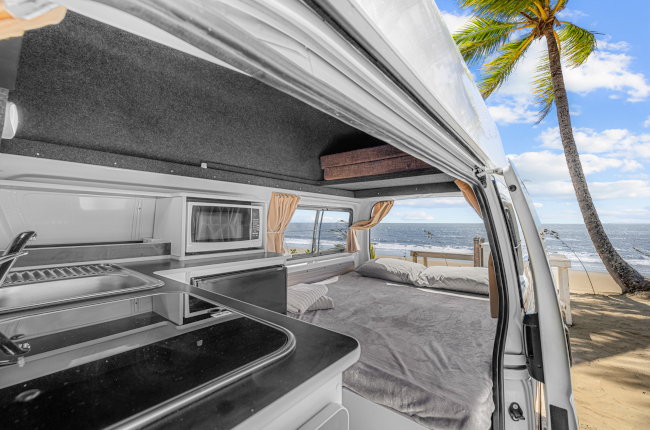 Campervan interior featuring a kitchenette and bed, looking out the open door to a beach with a palm tree.
