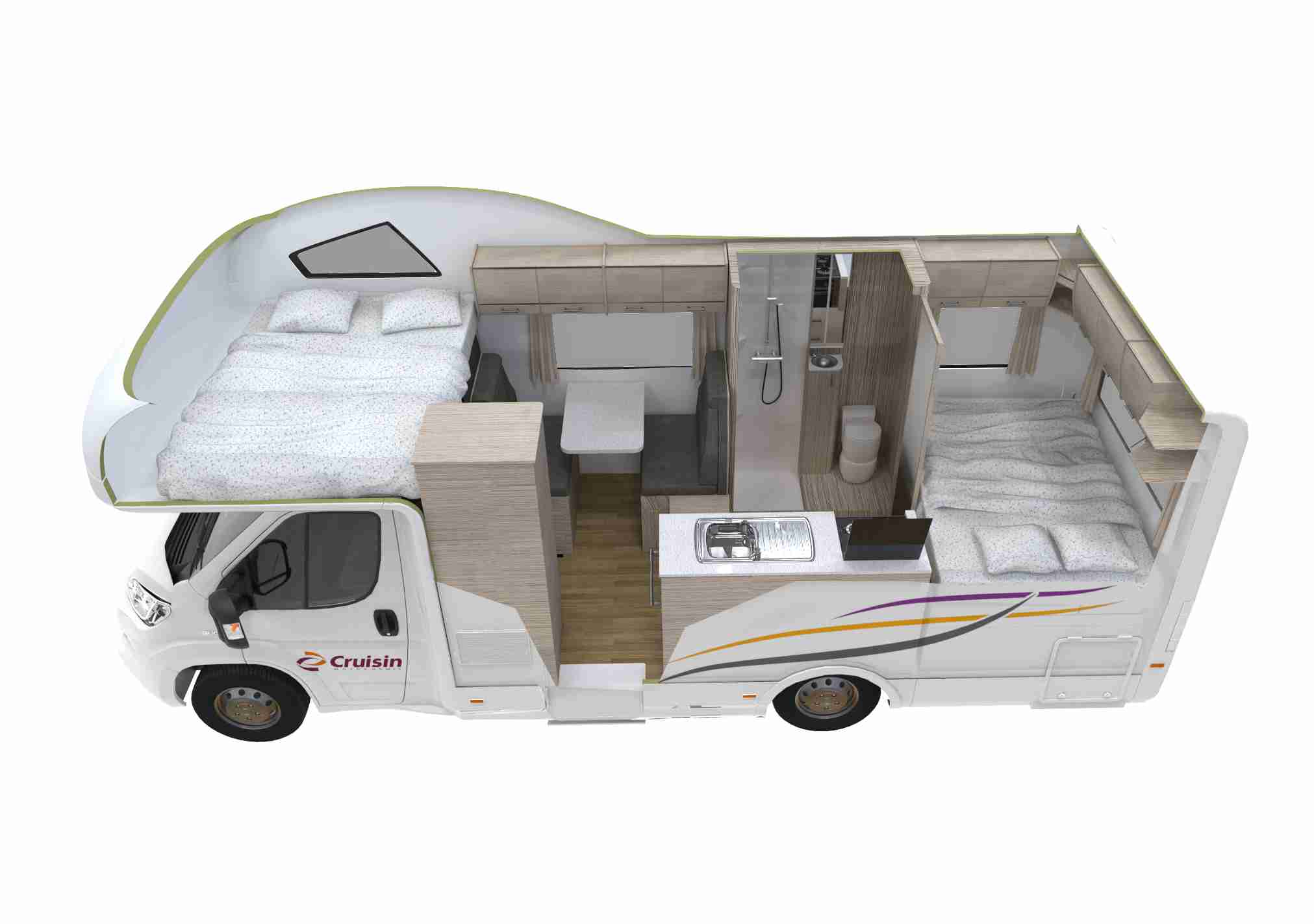 3D cutaway diagram of a Cruisin campervan layout showing two double beds, a dinette, kitchen, and bathroom.