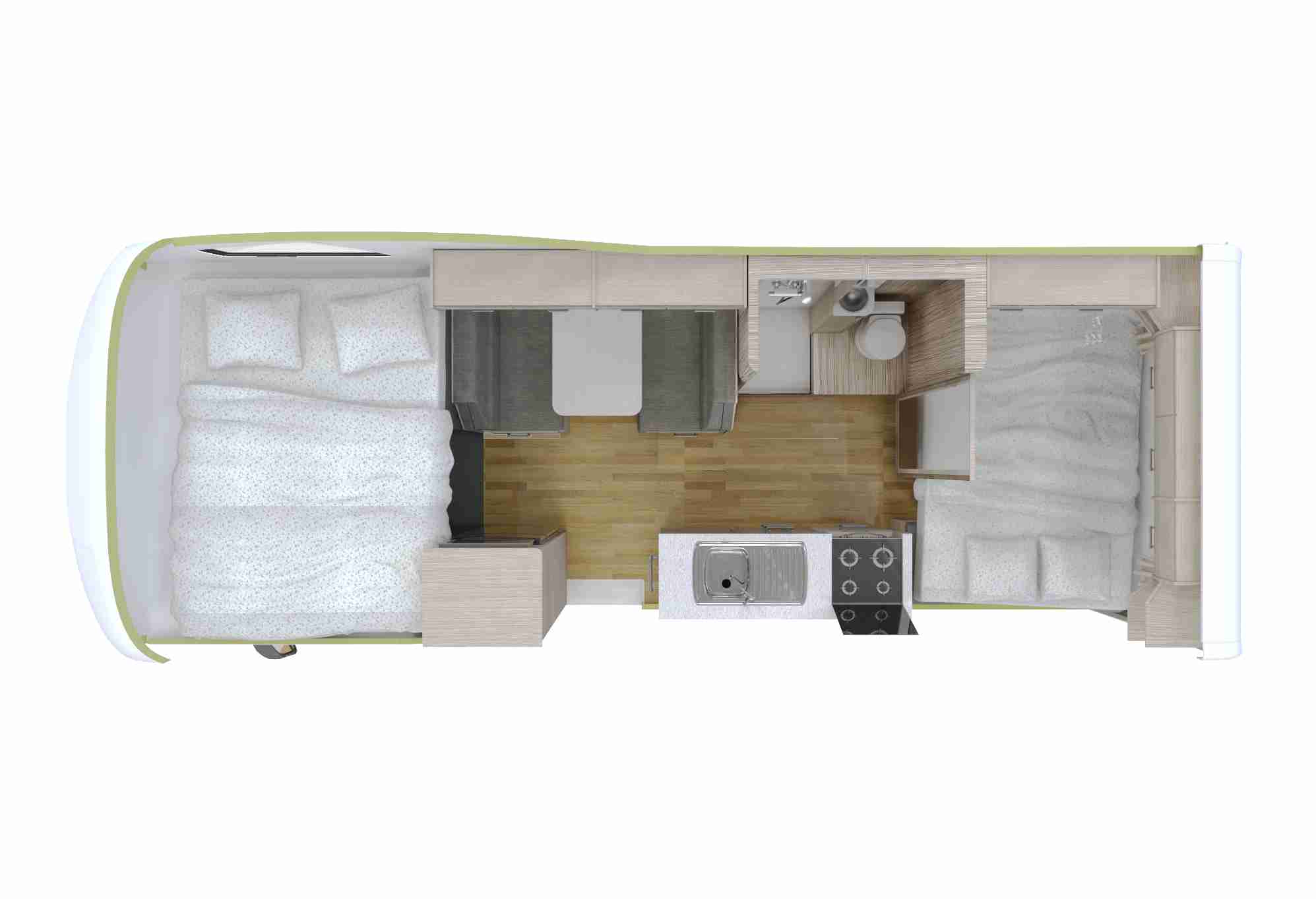 Top-down floor plan of a campervan featuring two double beds, a central dinette, a kitchenette, and a small bathroom.