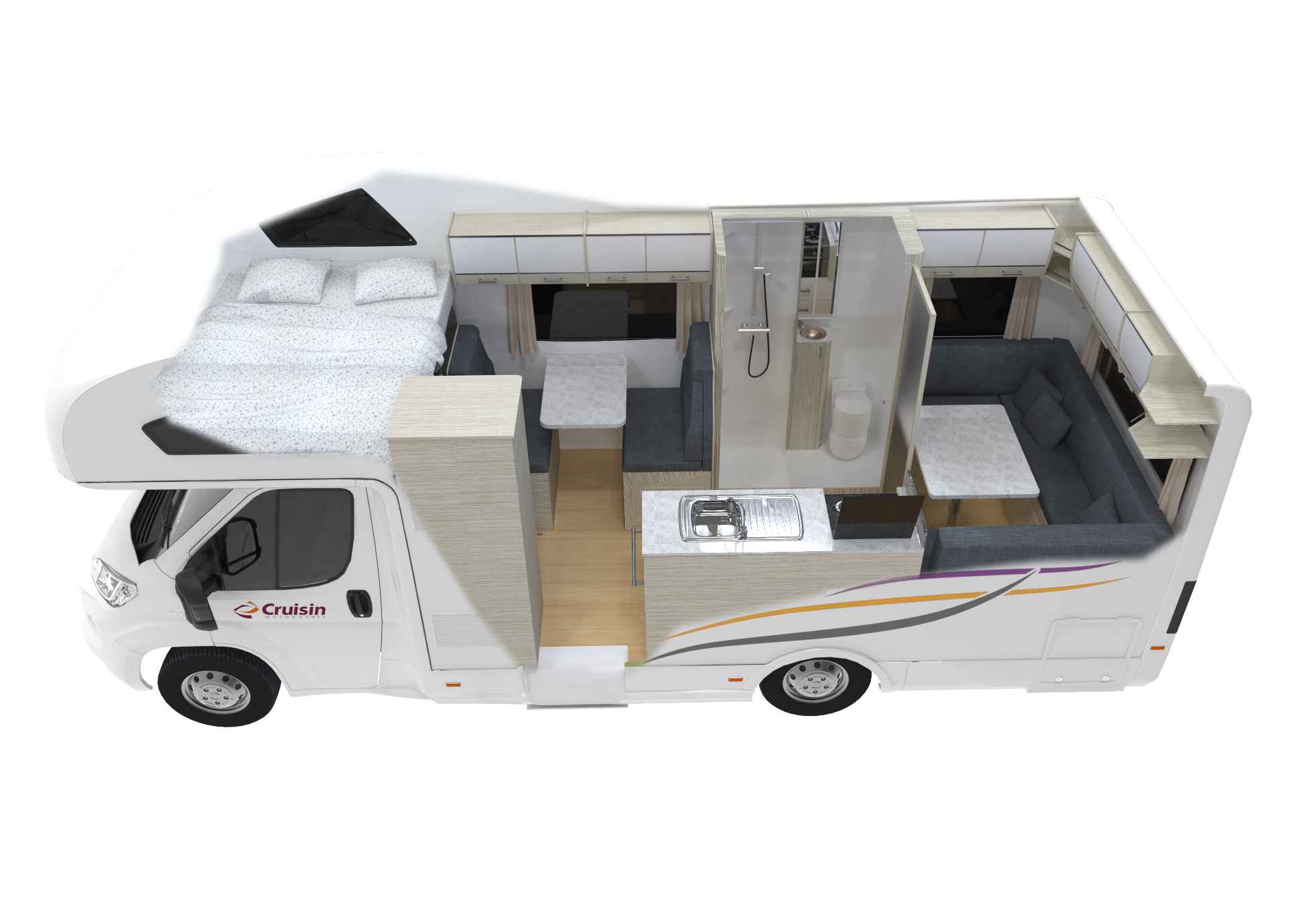 3D cutaway of a white campervan interior layout, showing a cabover bed, dinette, kitchen, bathroom, and rear lounge.