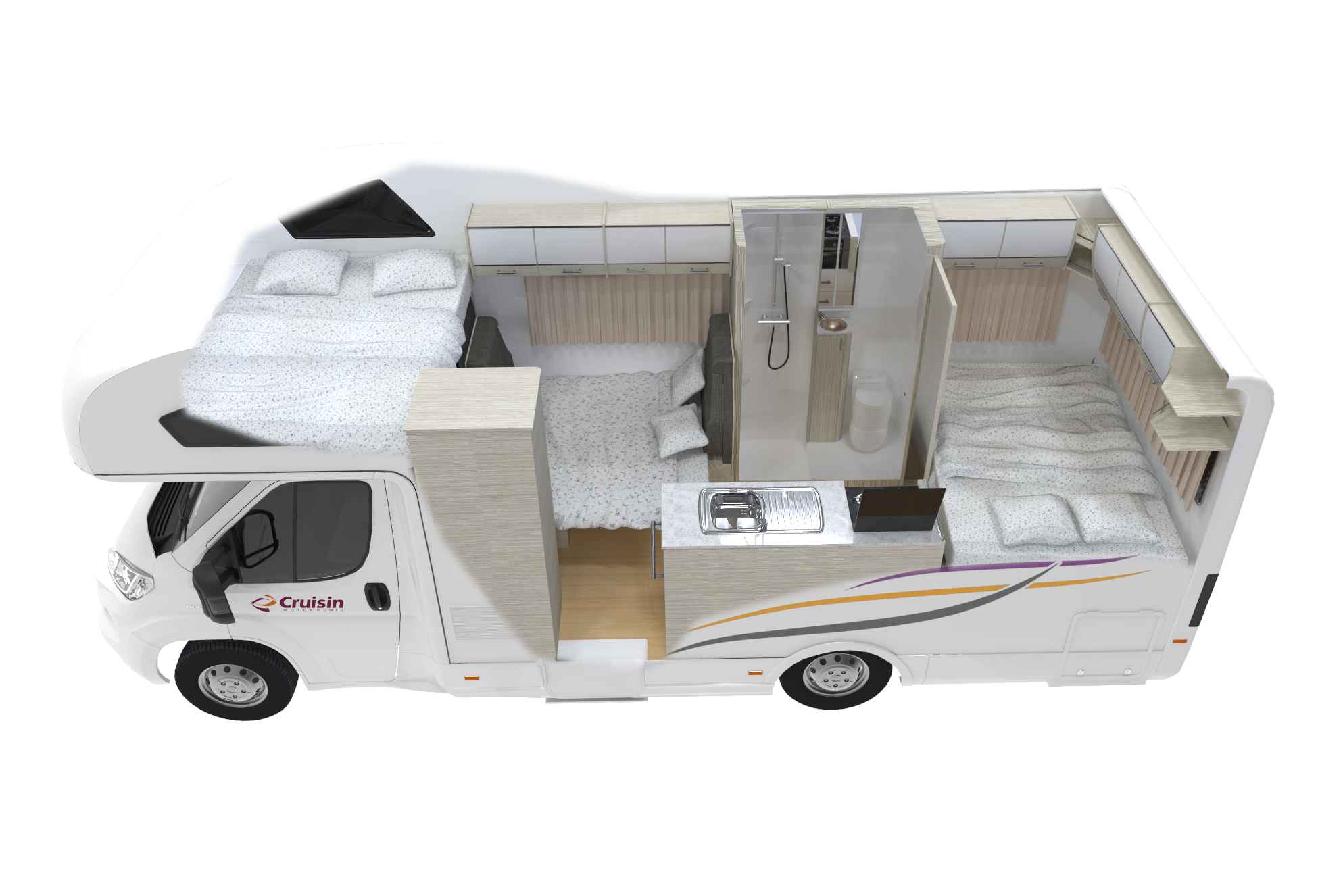3D cutaway diagram of a campervan interior showing three double beds, a compact kitchen counter, and bathroom.