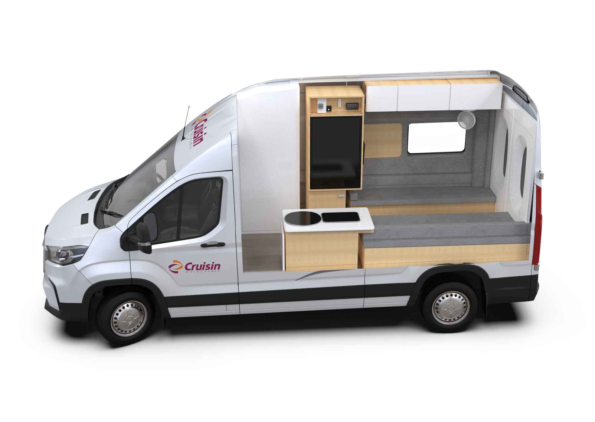 Cutaway render of a white Cruisin campervan showing the interior kitchen, fridge, and grey bench seating.