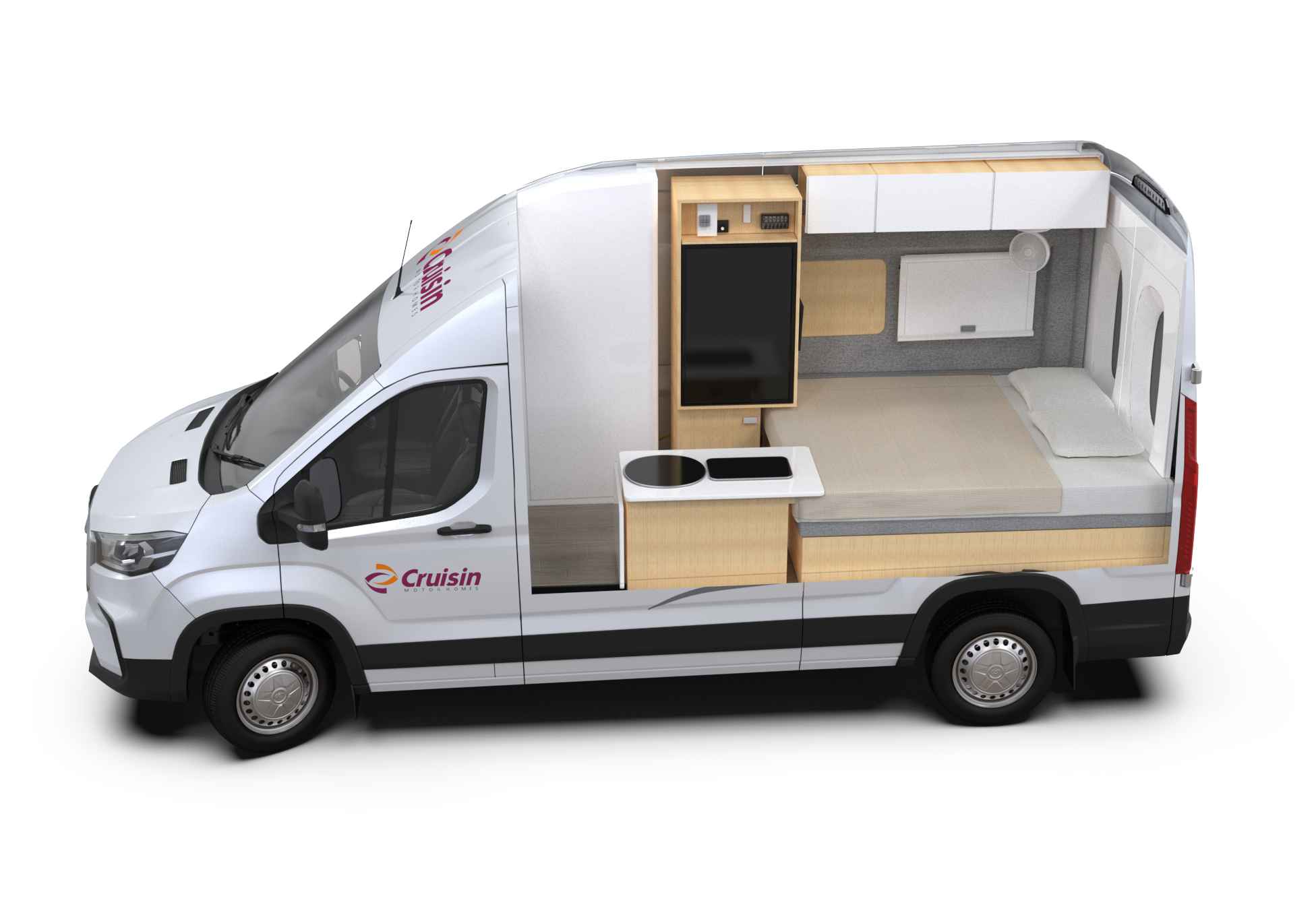 Cutaway of a white campervan interior showing a bed, sink unit, tall fridge cabinet, and overhead storage.