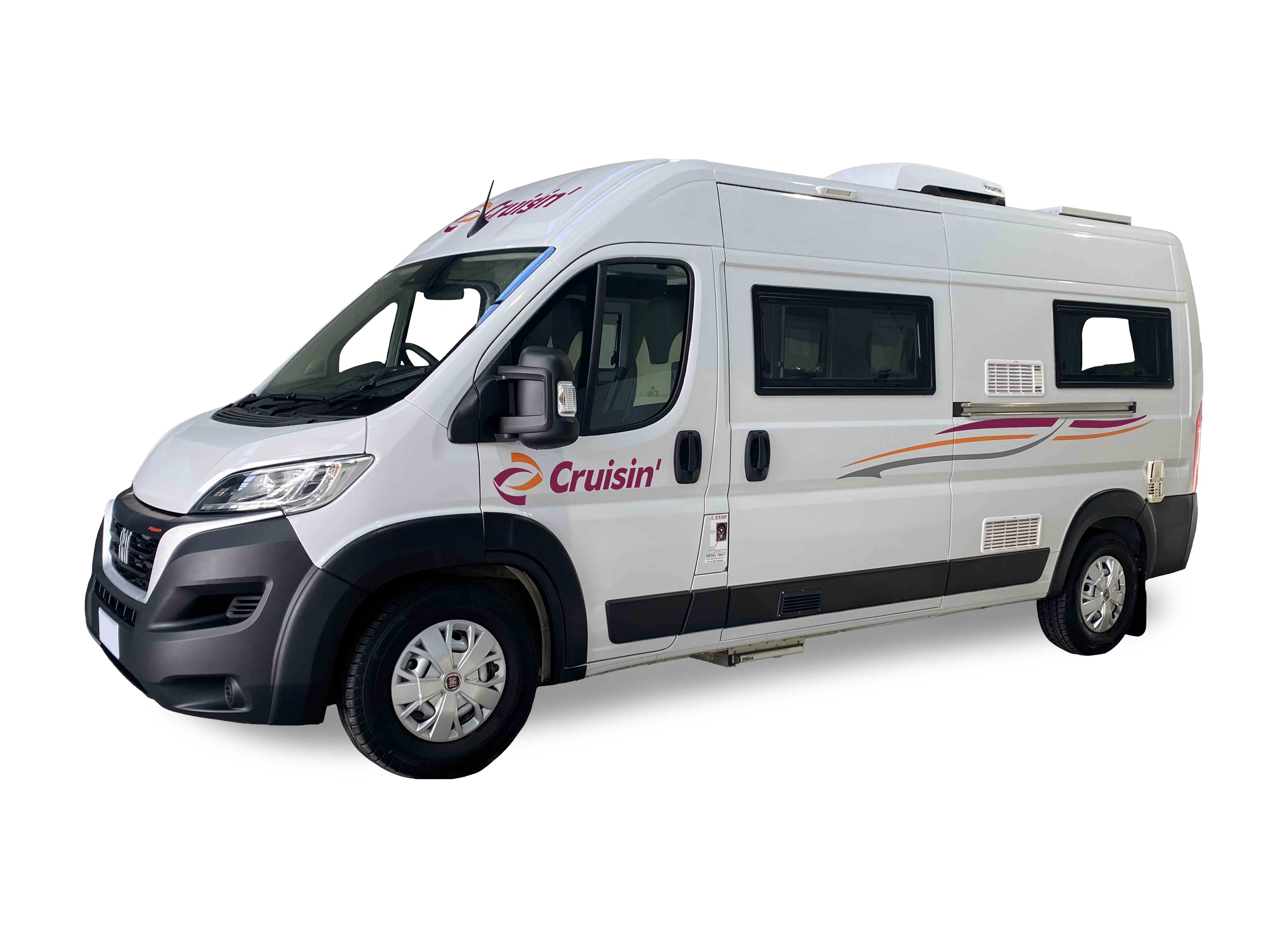White Cruisin' campervan with side decals, isolated on a white background from a front three-quarter angle.