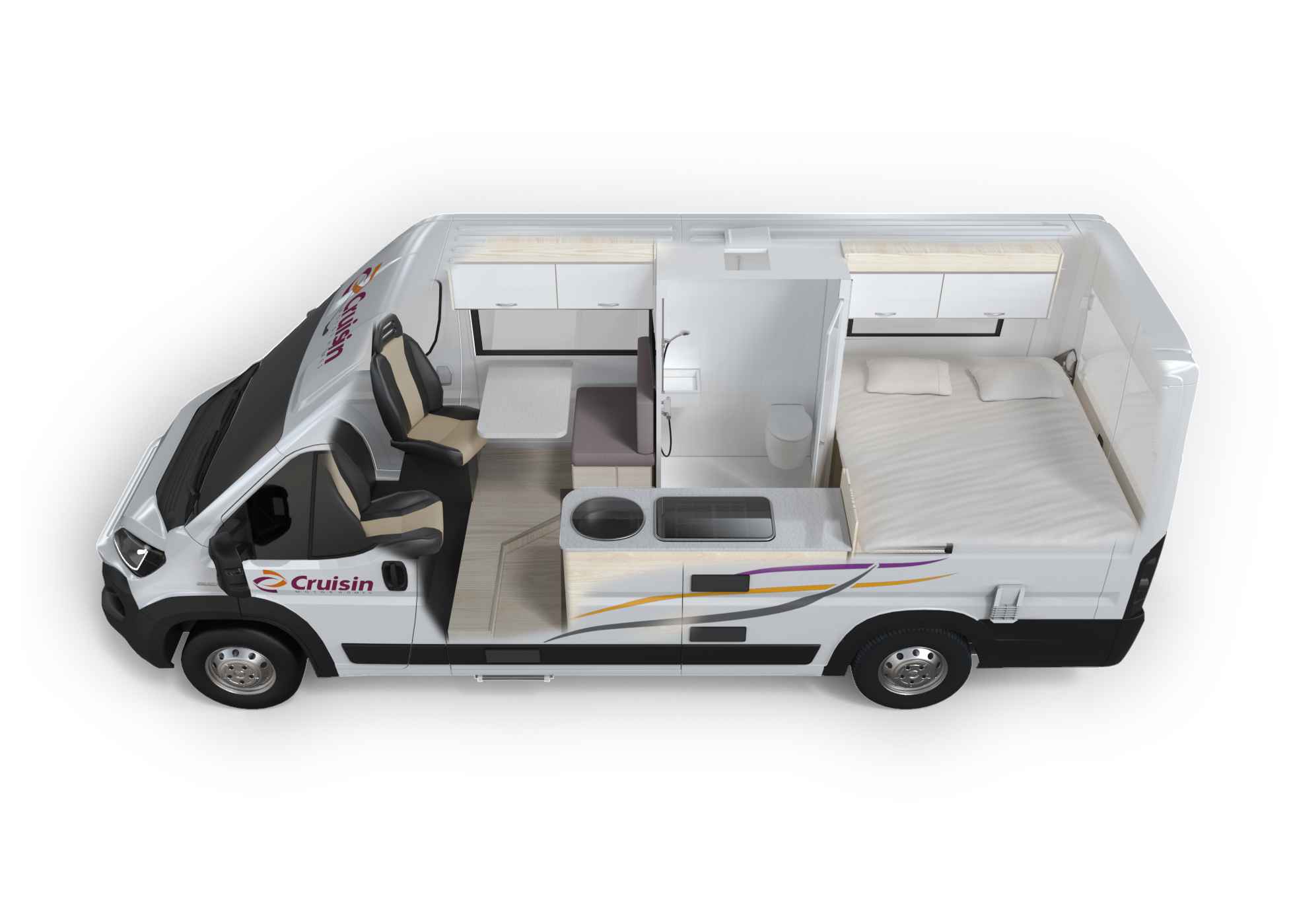 Cutaway overhead view of a Cruisin campervan interior layout, showing seats, dining table, kitchen, bathroom, and bed.