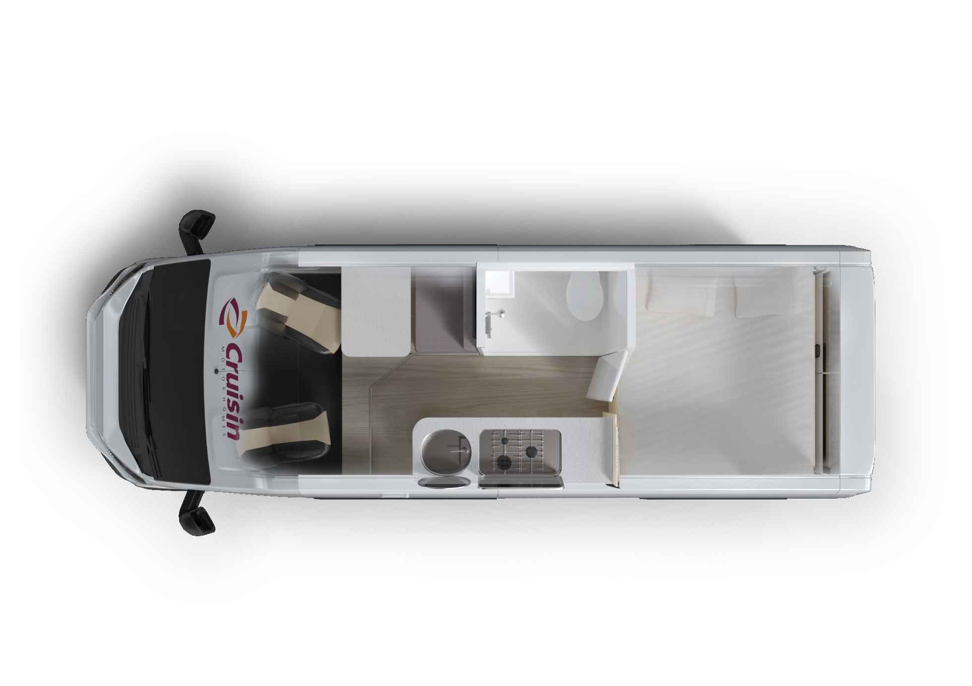 Overhead 3D floor plan of a campervan layout showing front seats, small kitchen, compact bathroom, and rear bed.