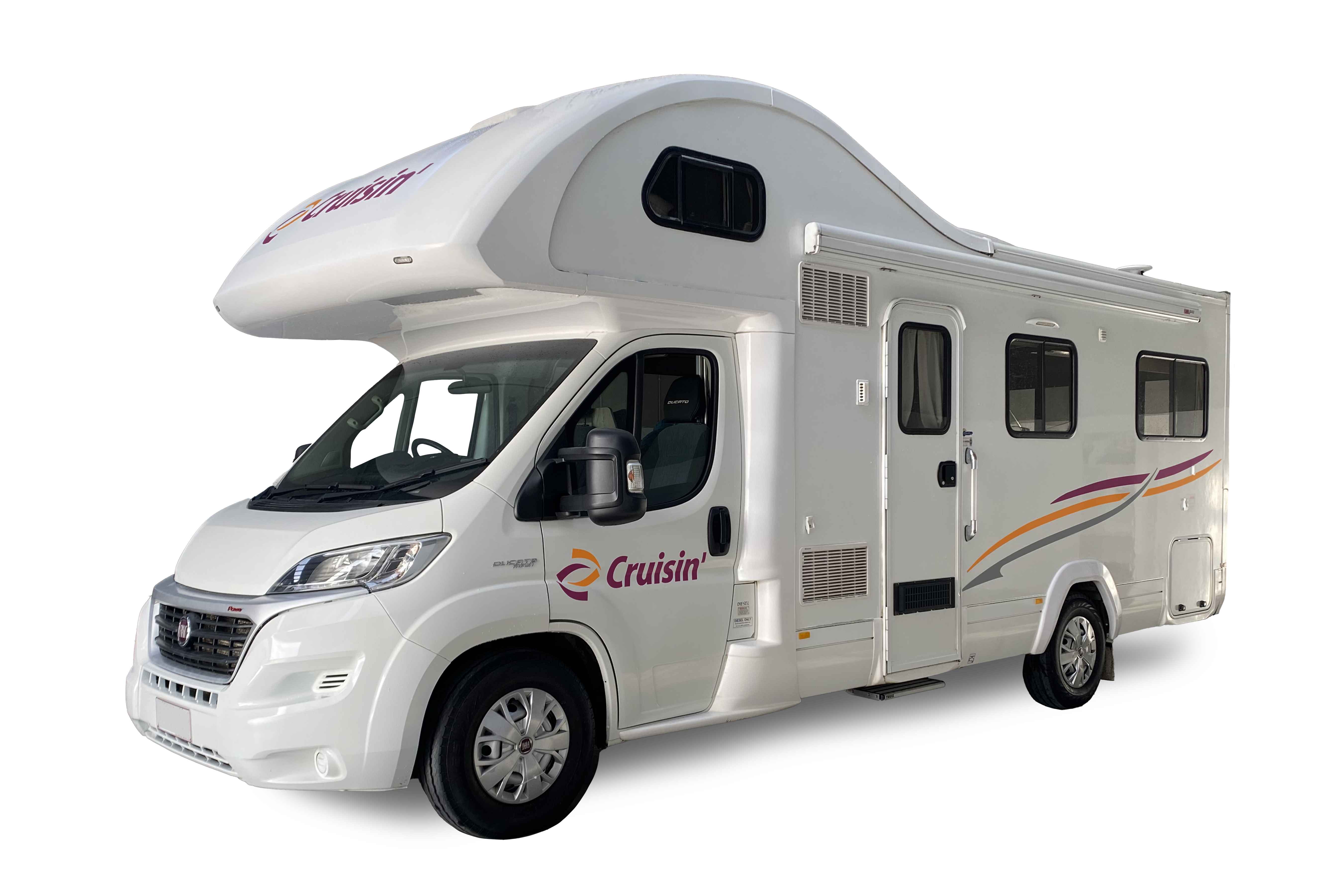 White Cruisin' campervan with an over-cab sleeping compartment, shown on a white background.