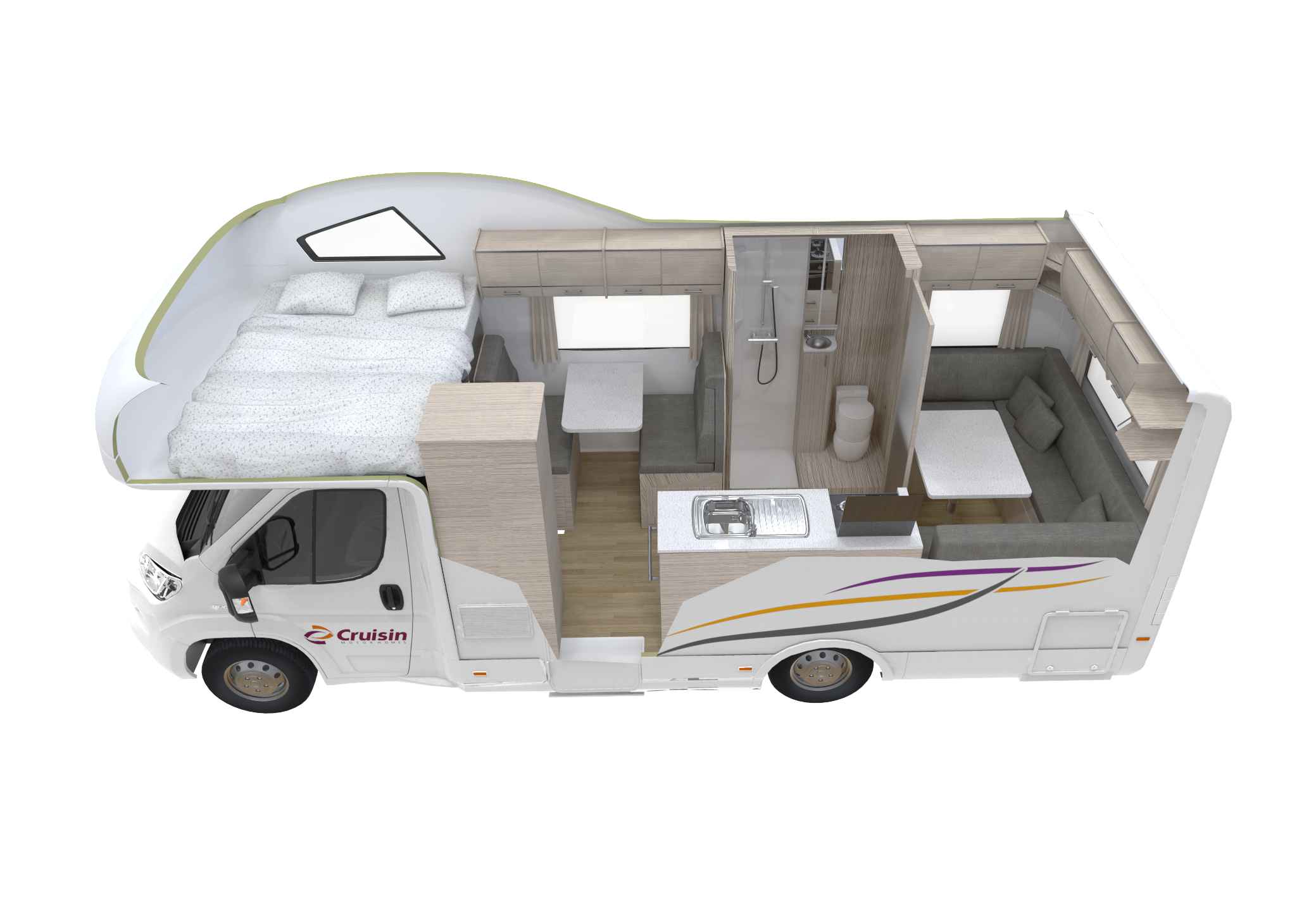 3D cutaway of a Cruisin campervan interior showing an over-cab bed, dinette, kitchen, bathroom, and rear lounge.
