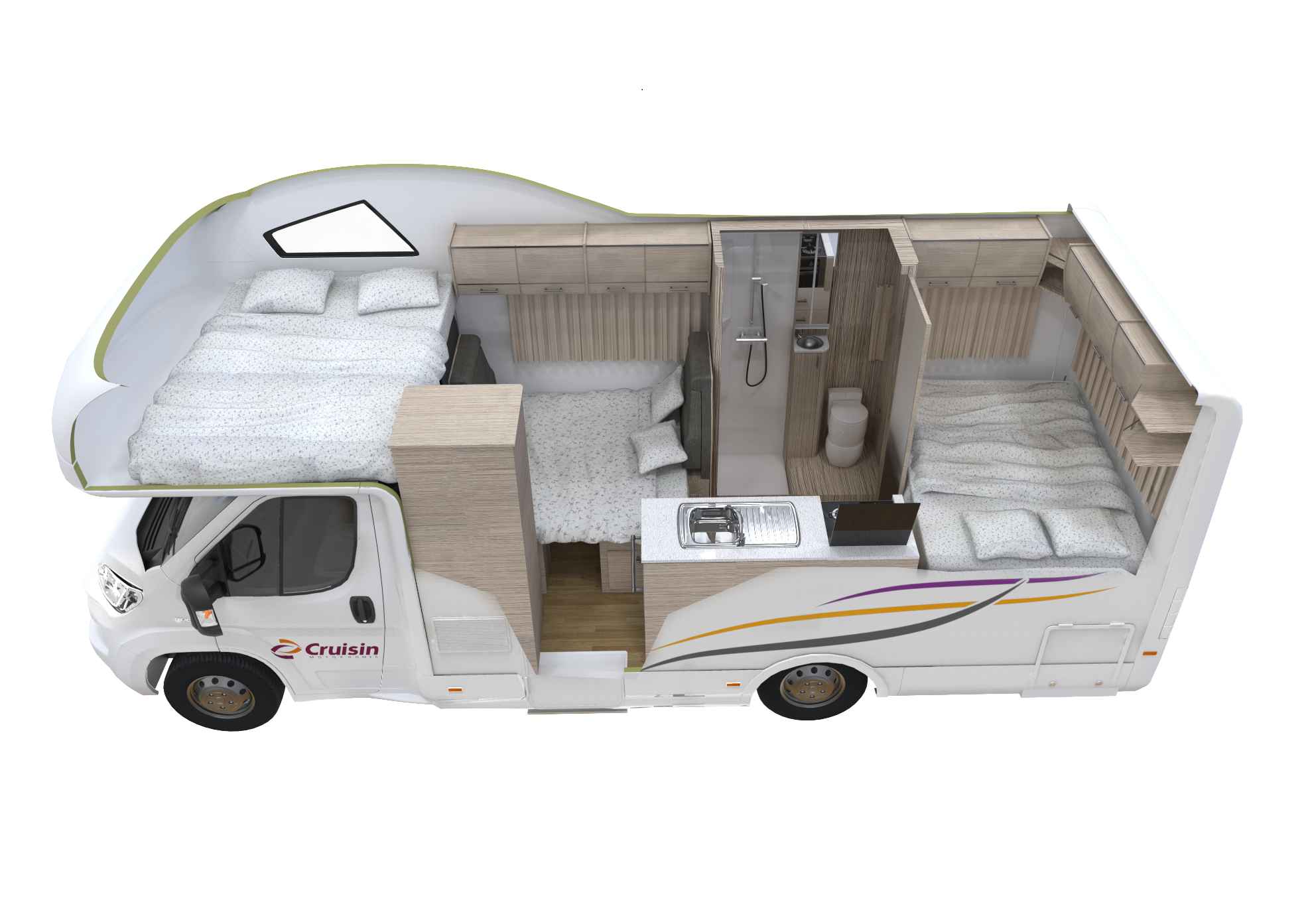 Cutaway layout of a campervan interior showing three double beds, a kitchen sink, and bathroom with toilet and shower.