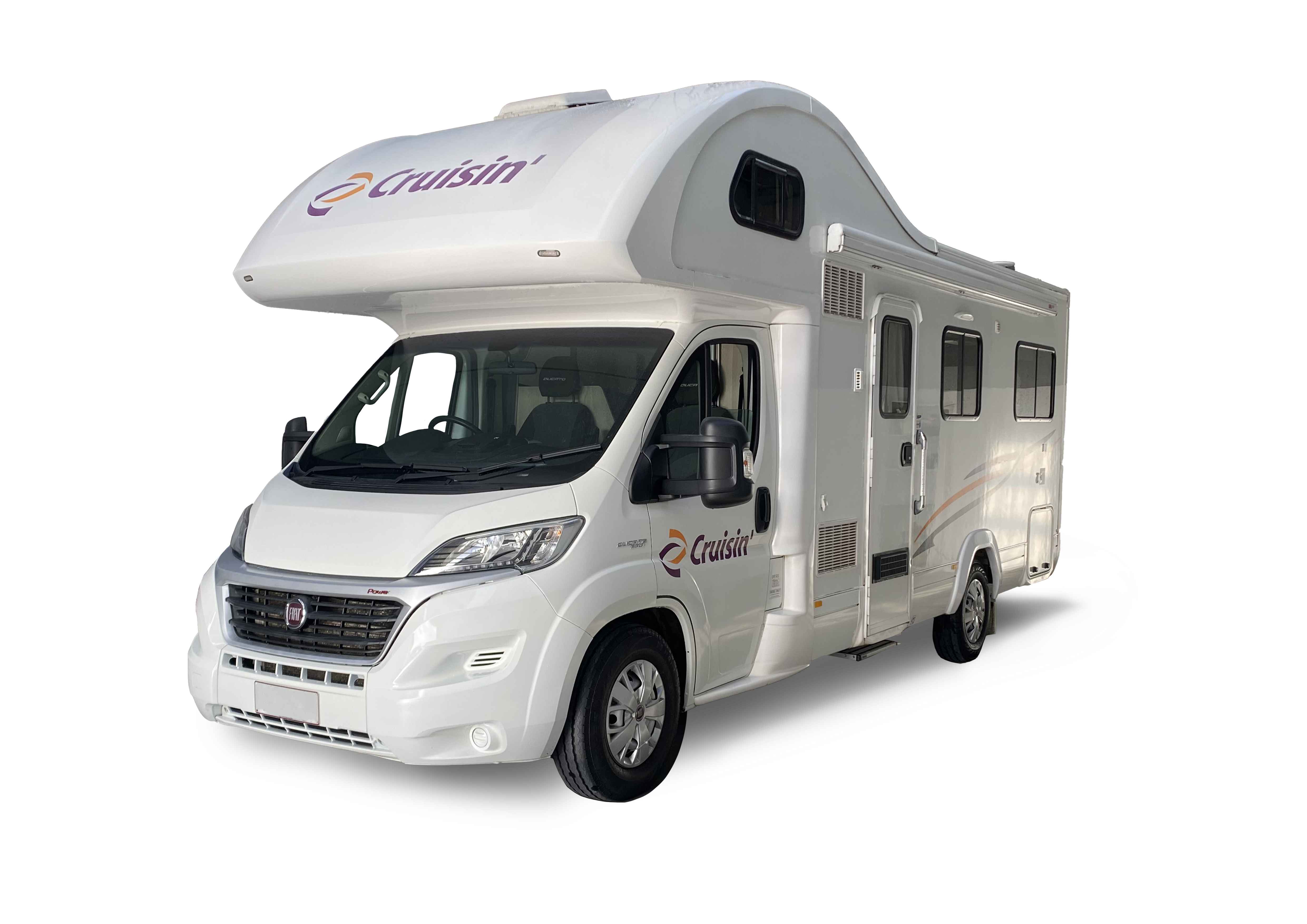 White Cruisin' campervan with an over-cab bed, angled from the front on a white background.