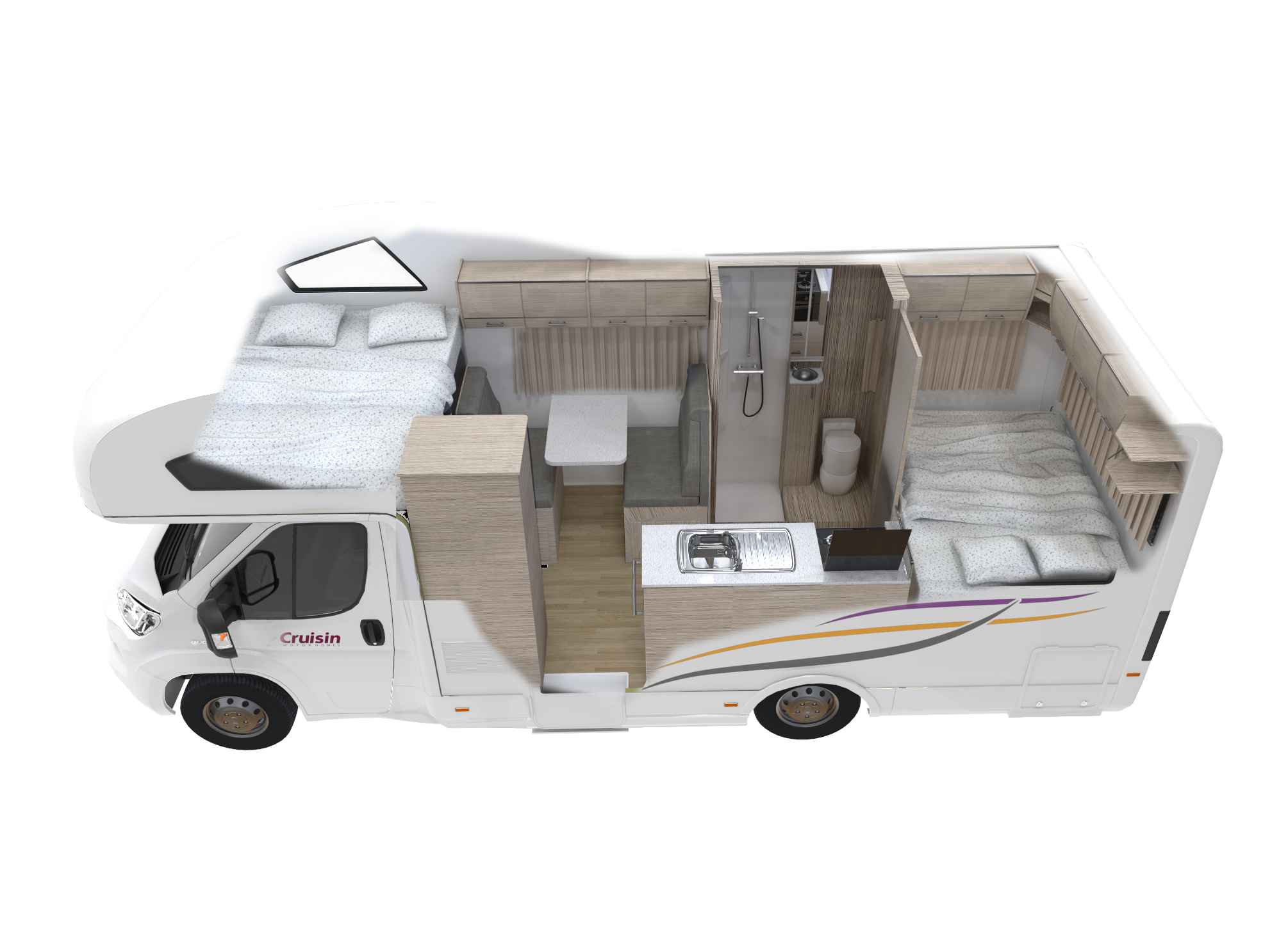 Cutaway view of a campervan interior showing a cab-over bed, dinette, kitchen, bathroom, and rear double bed.