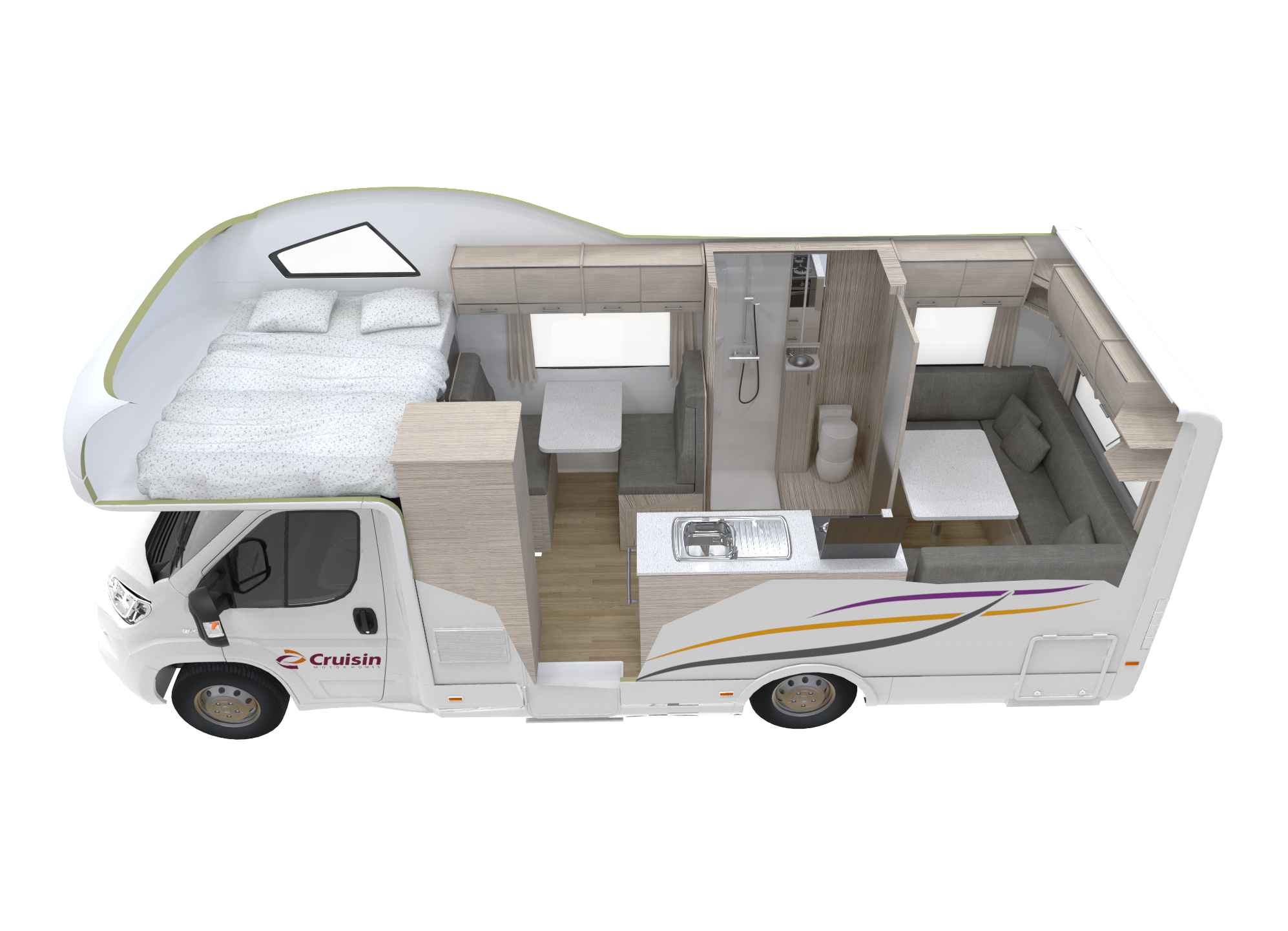Cutaway view of a Cruisin campervan interior layout with an over-cab bed, dinette, kitchen, bathroom, and rear lounge.
