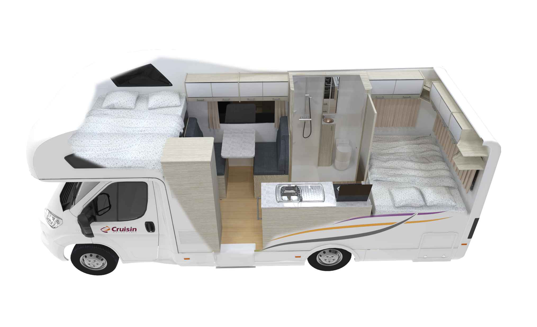 Cutaway of a Cruisin motorhome layout showing two double beds, dinette, kitchen sink, and bathroom.