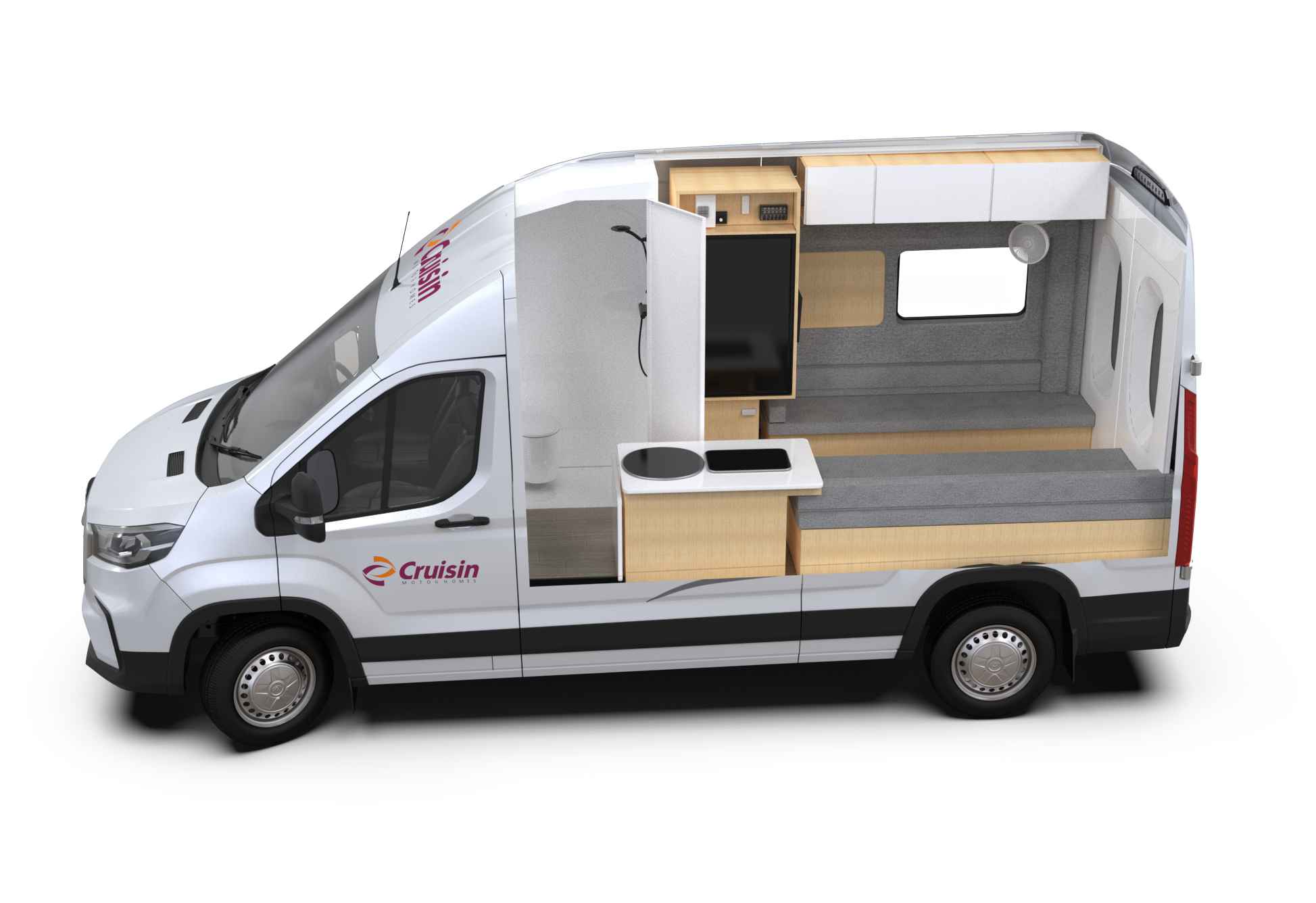 Cutaway of a white campervan showing its interior layout with a shower, kitchen, fridge, and rear bench seating.