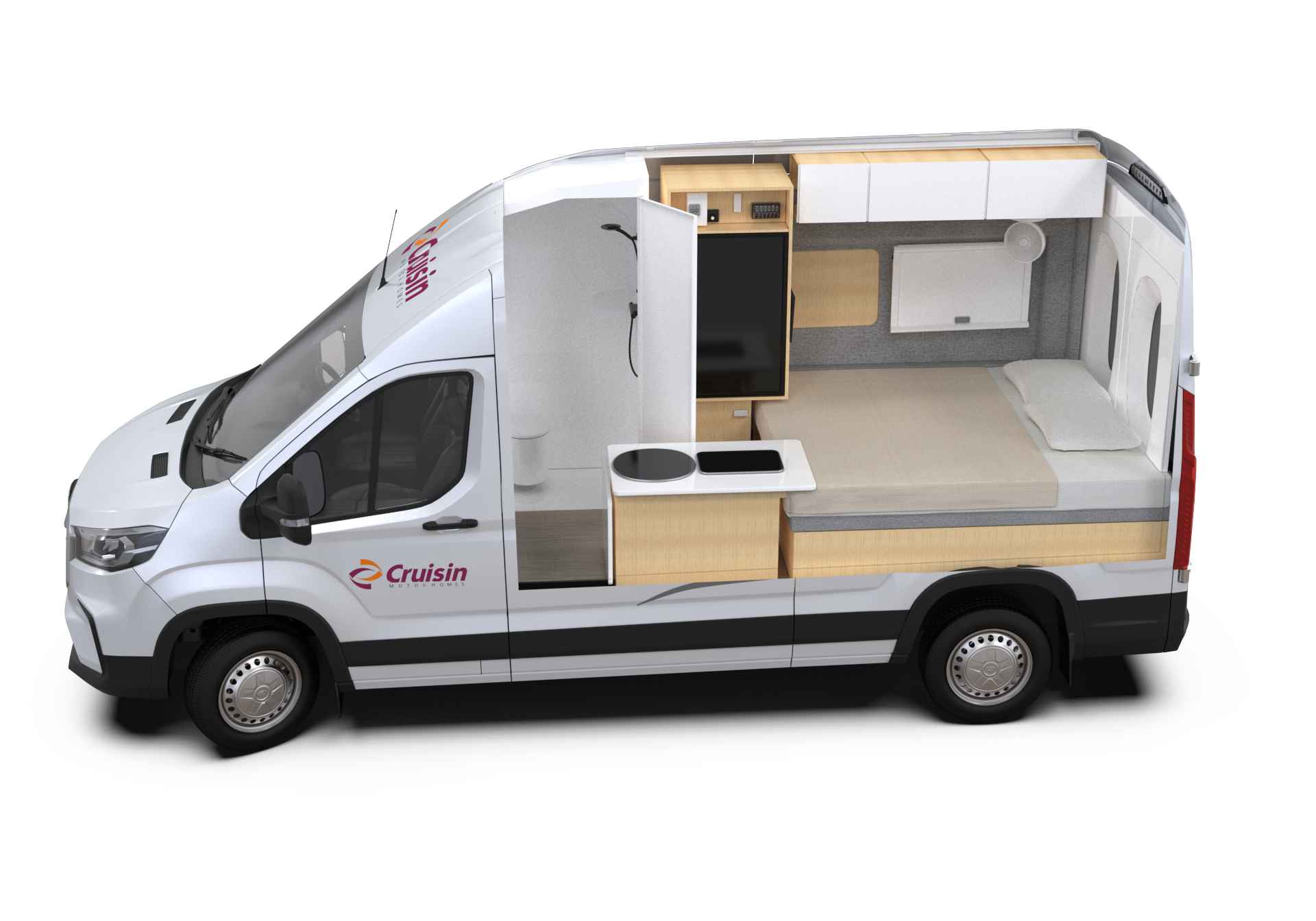 Cutaway view of a white Cruisin campervan interior showing a bathroom, kitchen bench, fridge, and rear double bed.