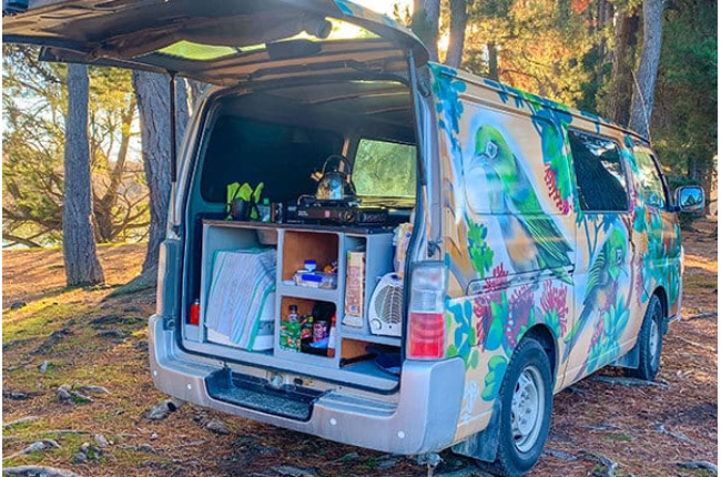 Campervan with a colourful bird mural parked in a forest, its open back hatch revealing a built-in kitchen unit.