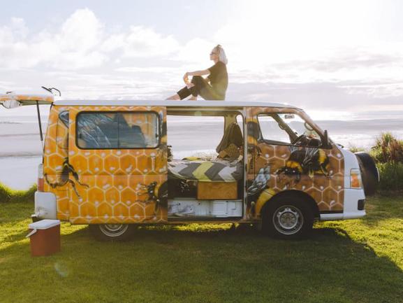 A person sits on the roof of a honeycomb and bee-themed campervan parked on grass by the coast.