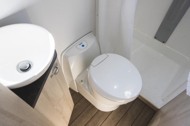Compact campervan bathroom with a round basin, cassette toilet, shower cubicle, and timber-look plank flooring.