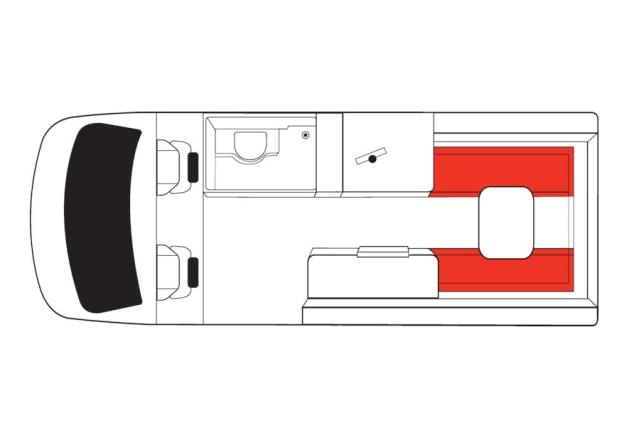 Campervan floor plan showing front seats, wet room, kitchen, and rear parallel red bench seats with a table.