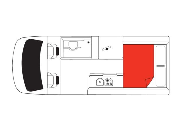 Campervan floor plan showing front swivel seats, side bathroom, kitchen, and a rear double bed in red.