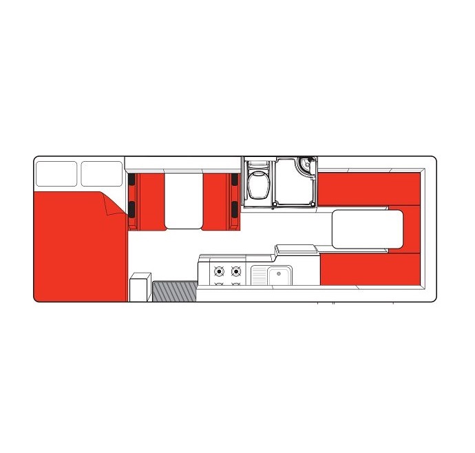 Campervan floor plan with a bed, dinette, bathroom, kitchen, and U-shaped seating area in red.