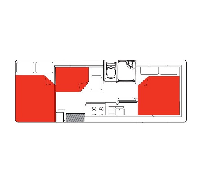 Campervan floor plan showing three red-coloured beds, a central kitchenette, and a bathroom.