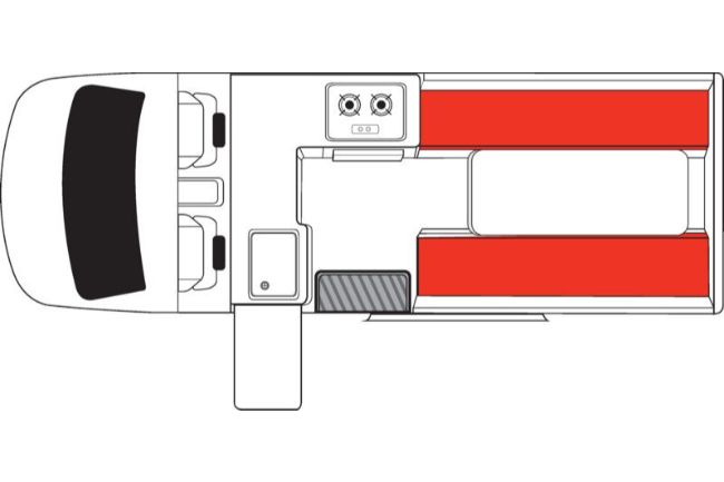 Campervan floor plan showing front seats, a kitchen area, and parallel red bench seats at the rear.