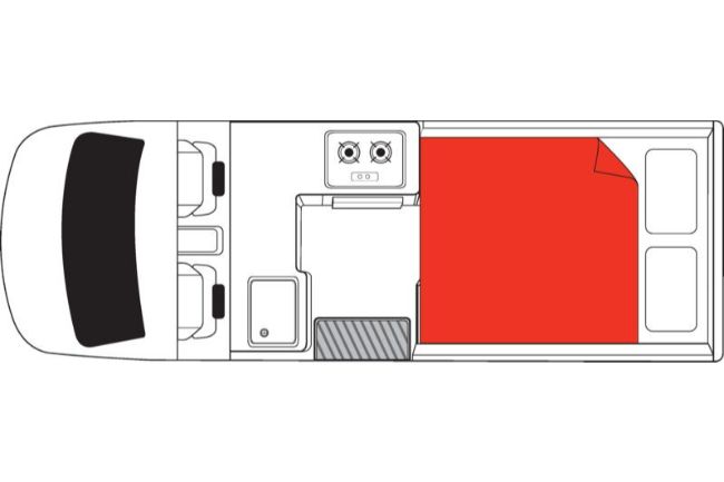 Campervan floor plan showing front cabin, central kitchen with stove, and a rear double bed highlighted in red.