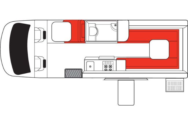 Campervan layout diagram showing kitchen, bathroom, and red-highlighted seating, including a rear U-shaped lounge.