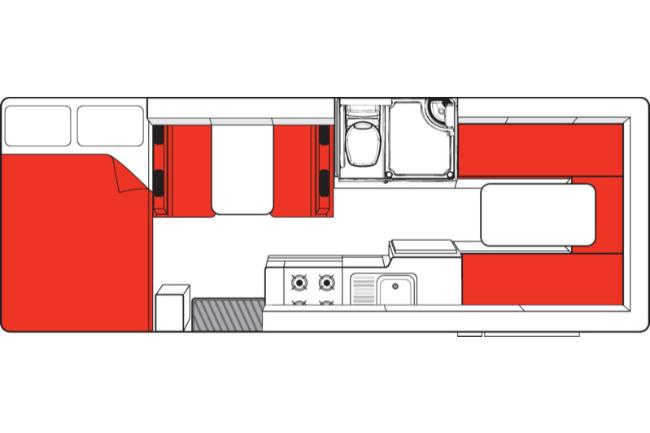 Campervan floor plan featuring a double bed, dinette, kitchen, bathroom, and a U-shaped lounge.