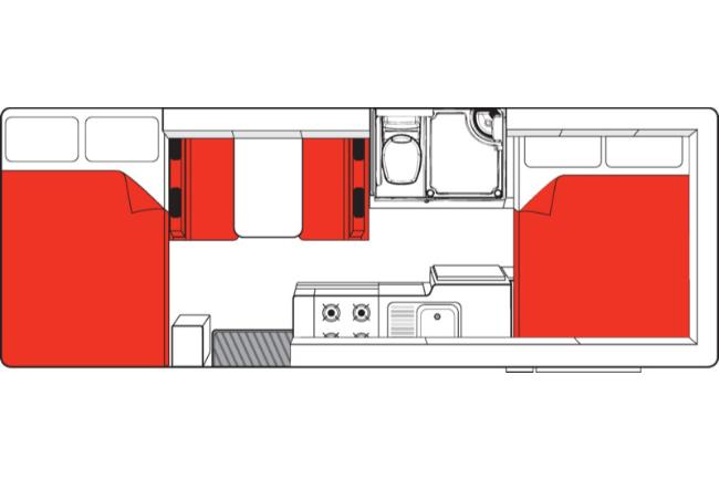 Campervan floor plan showing two double beds highlighted in red, a central dinette, kitchen, and bathroom.