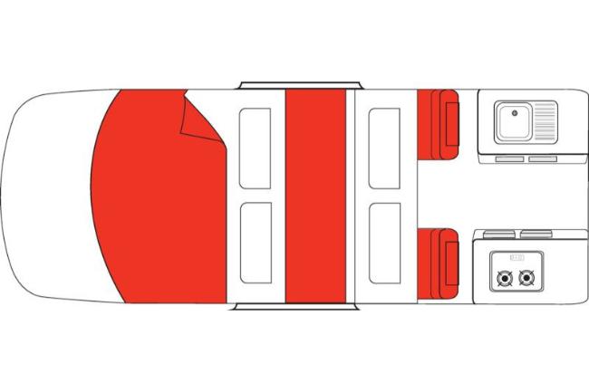 Campervan floor plan schematic featuring a double bed, centre walkway, two seats, a kitchen sink, and a stove.
