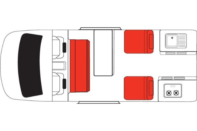 Campervan floor plan showing front cab, a red bench seat, central table, two red seats, a rear sink, and stove.
