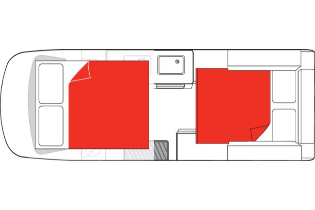 Campervan floor plan highlighting two double bed sleeping areas in red, located at the front and rear.