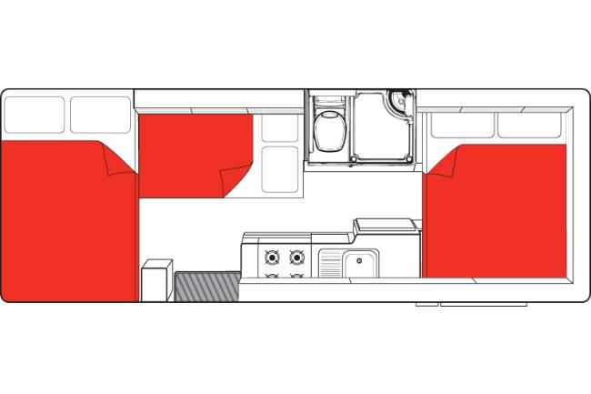 Campervan floor plan showing three red beds, kitchen with stove and sink, and bathroom with toilet and shower.