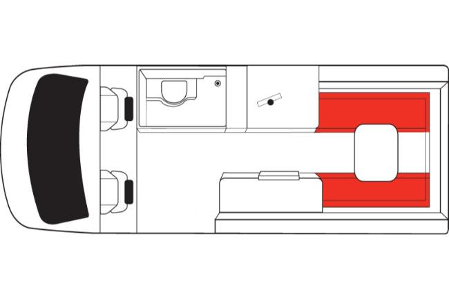 Campervan floor plan layout showing front cabin, central wet room and kitchen, and rear seating highlighted in red.