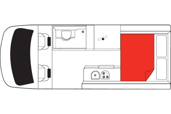 Campervan floor plan showing front swivel seats, bathroom, kitchenette, and a rear double bed with a red cover.