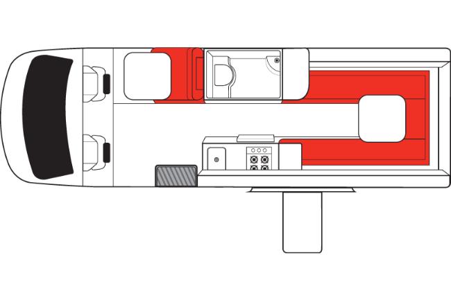 Campervan floor plan layout showing front cab, side kitchen and bathroom, and rear U-shaped seating area in red.