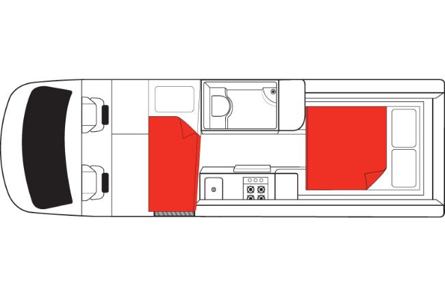 Campervan floor plan showing a rear double bed and front single bed in red, with kitchen and bathroom.