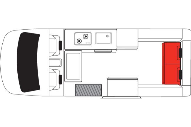 Top-down layout of a campervan showing front seats, kitchen with stove and sink, and a red rear seat.