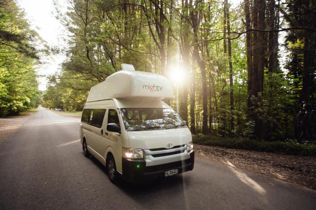 White Mighty high-top campervan on a forest road with sunlight filtering through the trees.