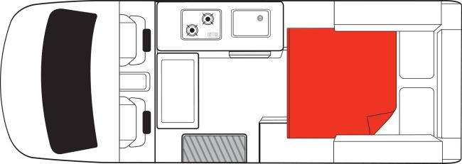 Campervan floor layout showing front seats, kitchen with stove and sink, and a large rear double bed highlighted in red.